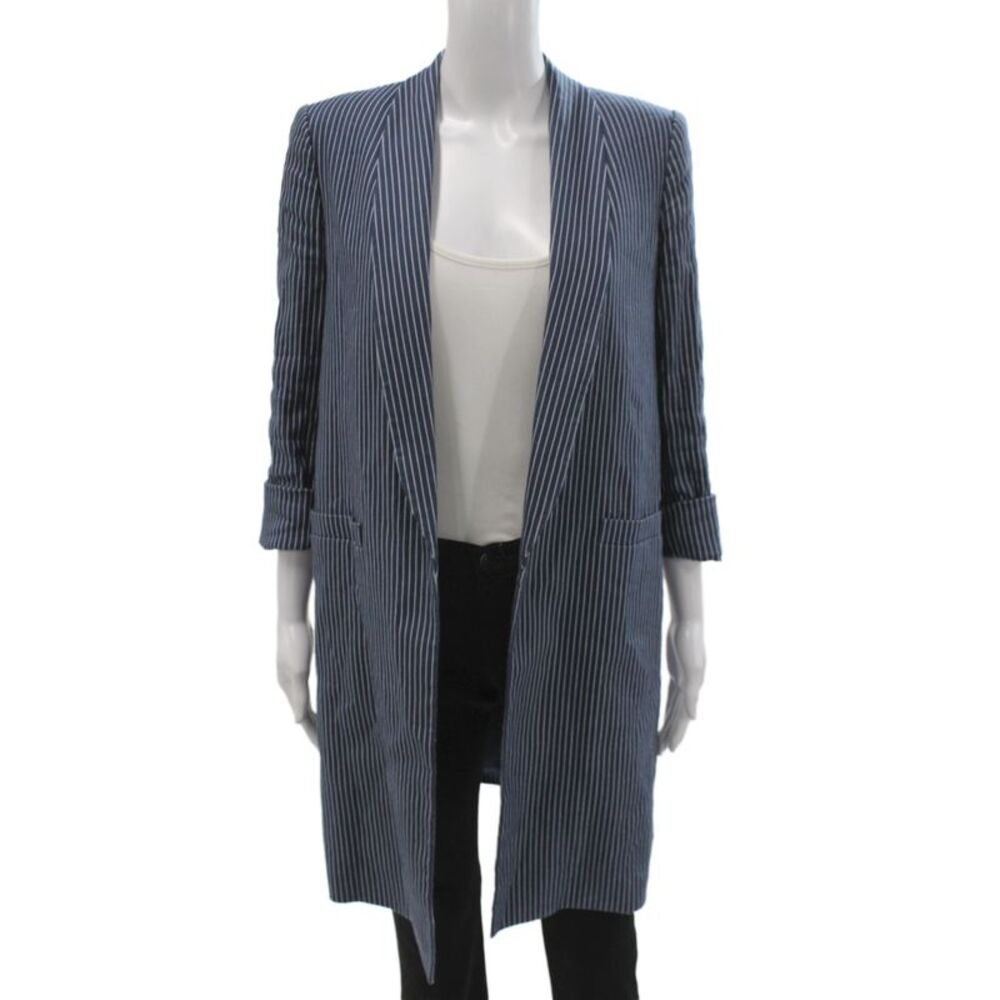 Alice + Olivia Womens Striped Linen Kimono Blazer Long Sleeve Blue Size S